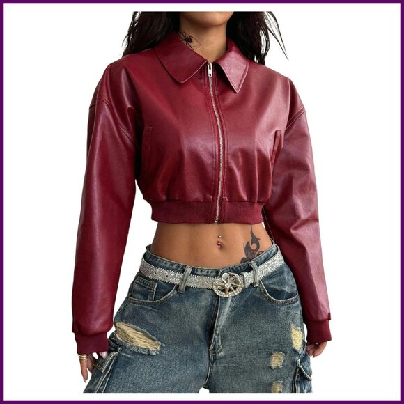 Cropped Leather Motorcycle Jacket Zip Up Collared Fall Outerwear Streetwear